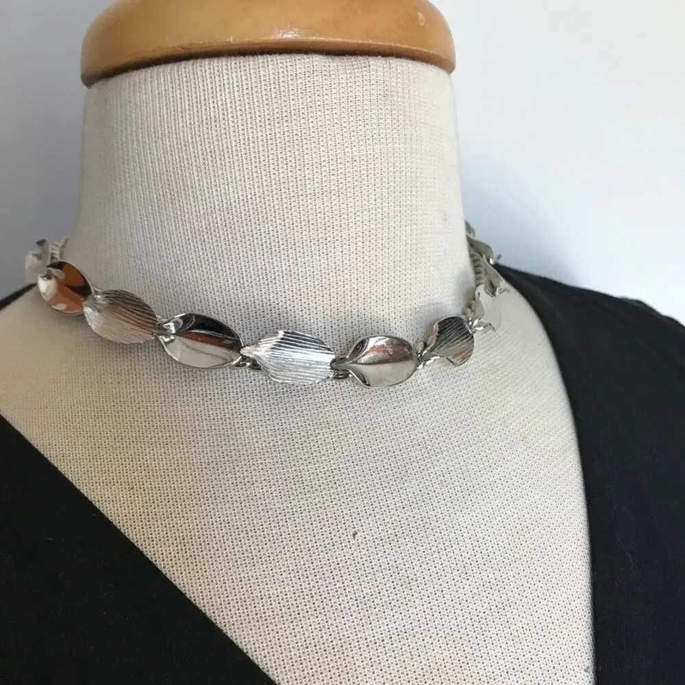 Vintage Danish-style silver tone etched leaf choker necklace sturdy construction